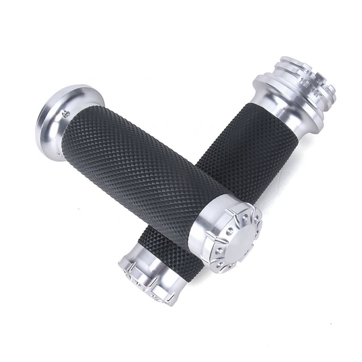 Motorcycle handlebar grips, black textured rubber with chrome end rings and cuffs