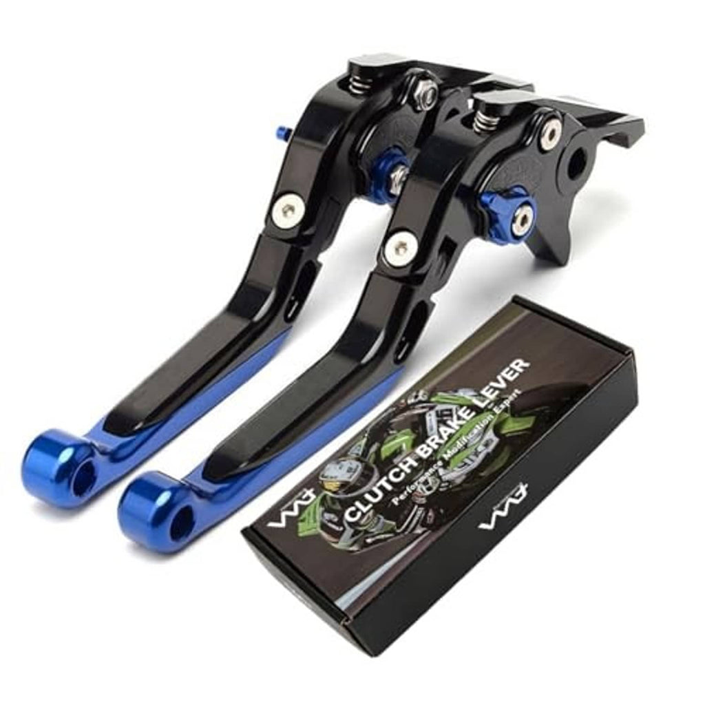 Motorcycle brake and clutch levers, black with blue foldable adjusters, angled view