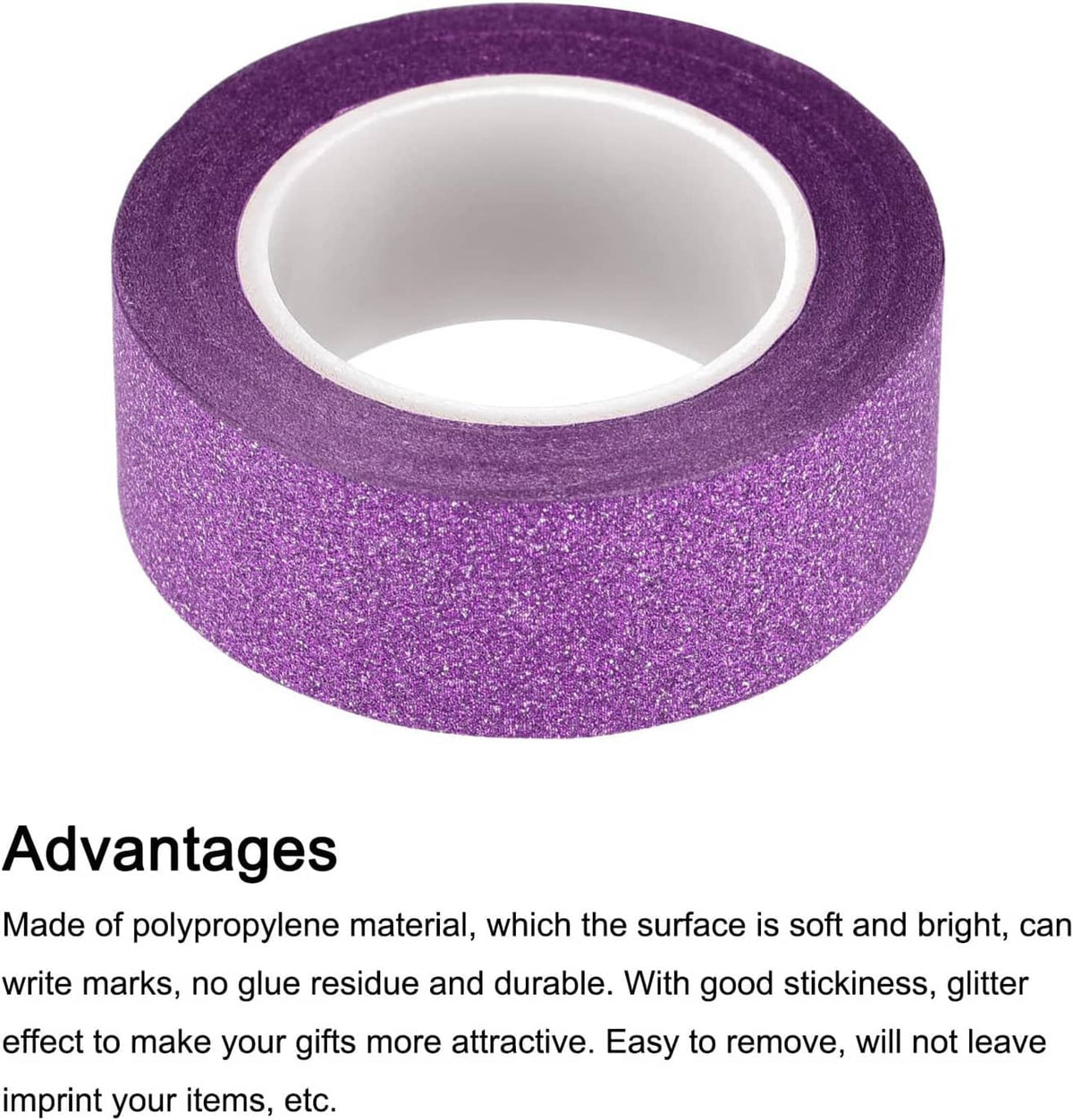 Purple glitter self-adhesive tape roll with inner adhesive liner exposed on top.