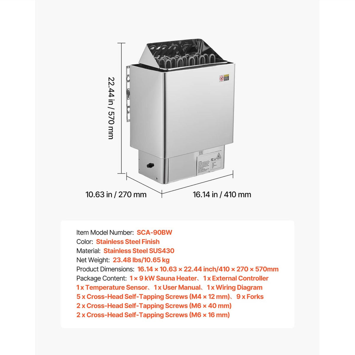 Stainless steel electric sauna heater dimensioned side view with stone stove top