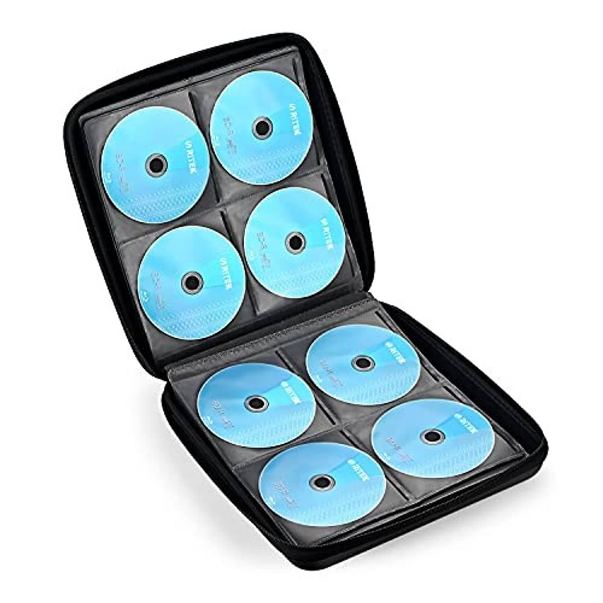 Open black hard EVA CD case with multiple blue disc slots in clear sleeve pockets
