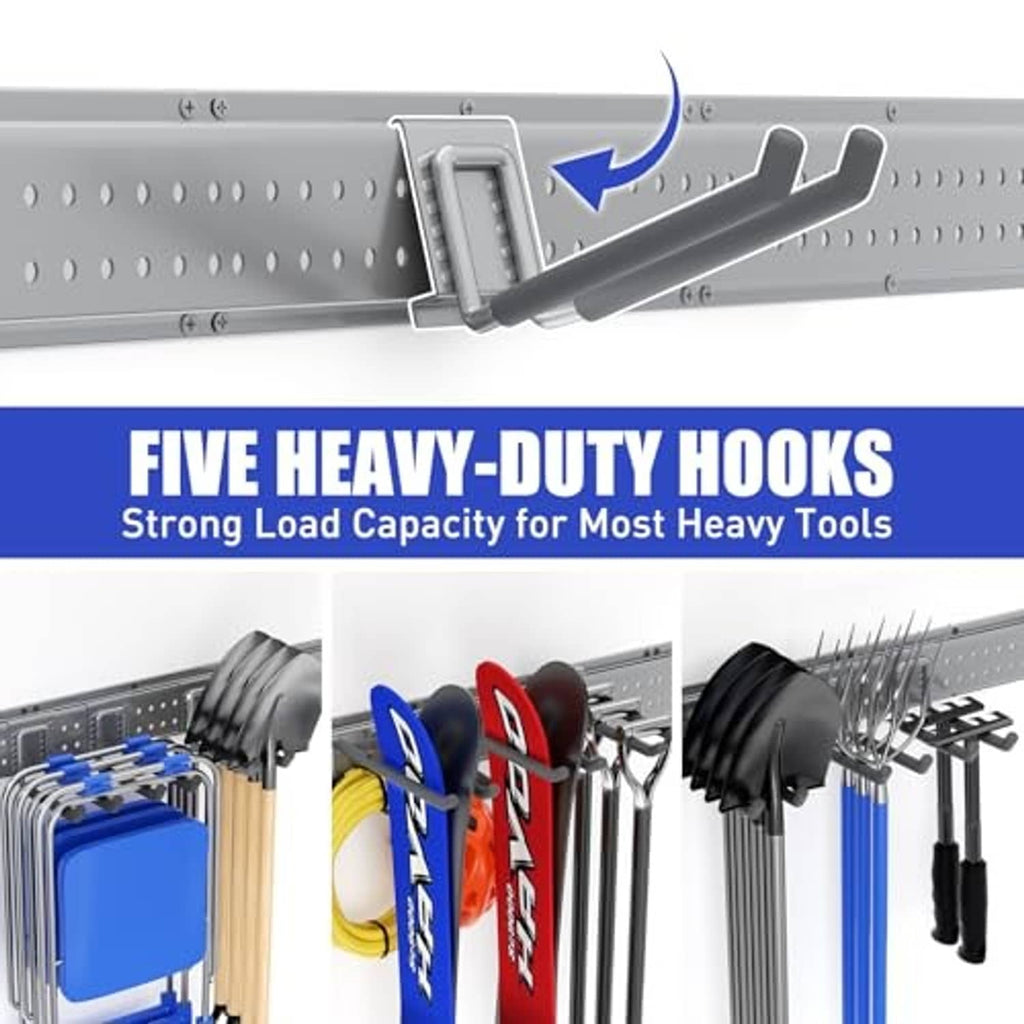 Metal hook rail with heavy-duty straight hooks for hanging tools and accessories