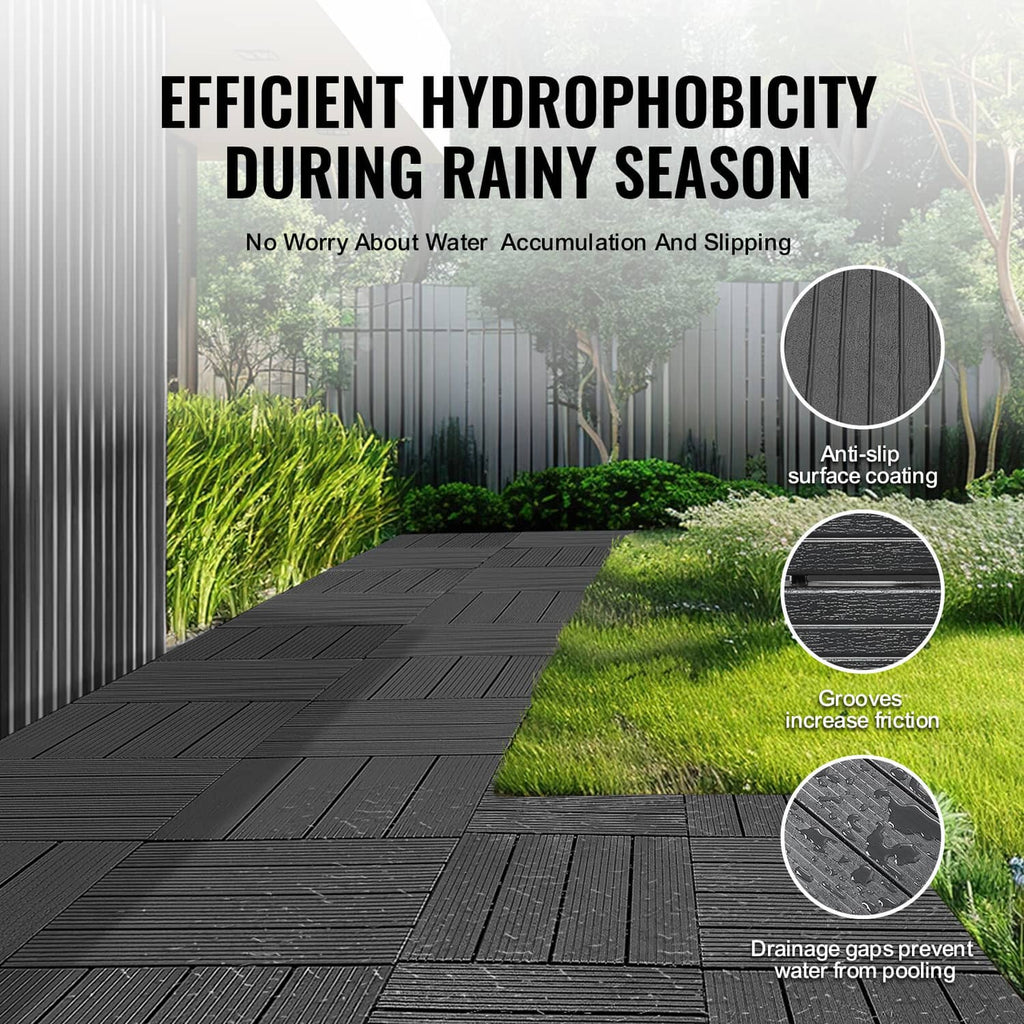 Dark grey interlocking deck tiles with raised grooves and anti-slip textured surface