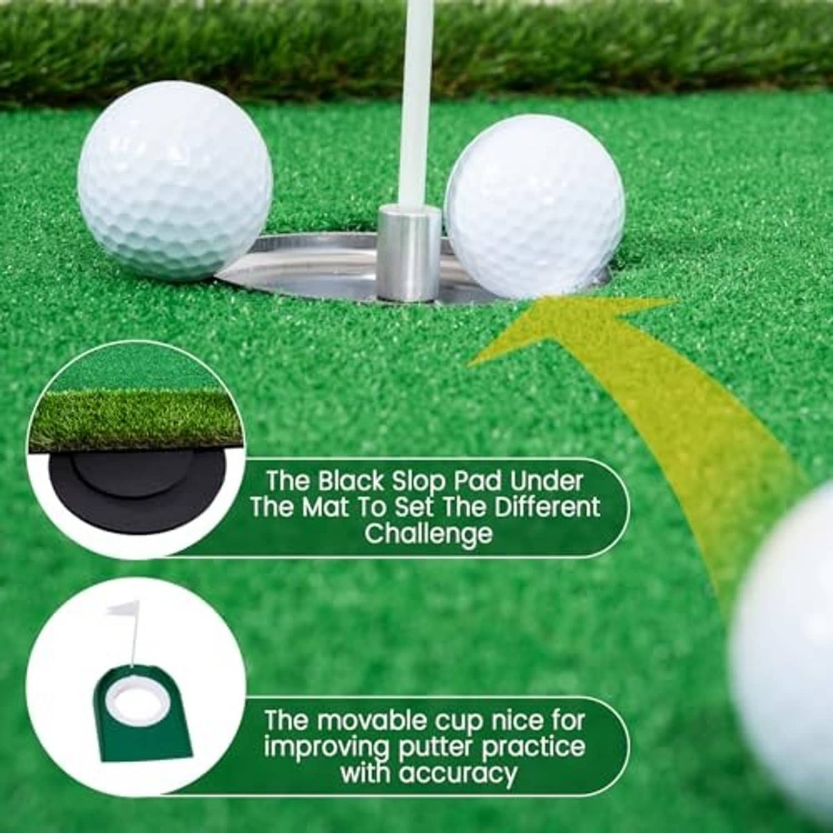 Green putting mat with movable cup and black anti-slip pad under the base