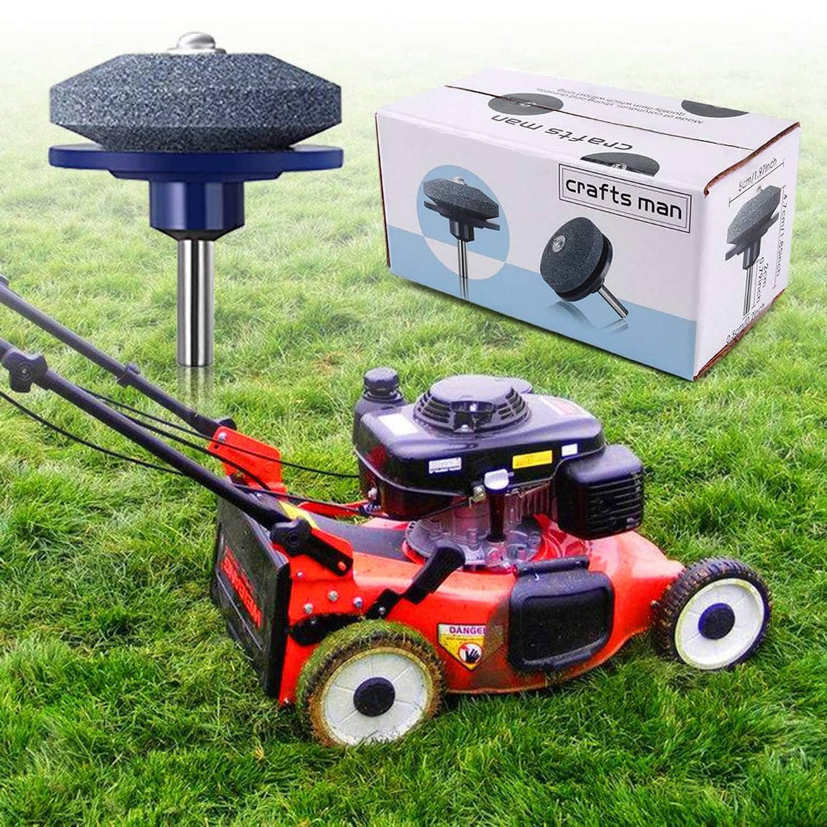 Lawn mower blade sharpener with dark blue grinding wheel on metal stem beside box