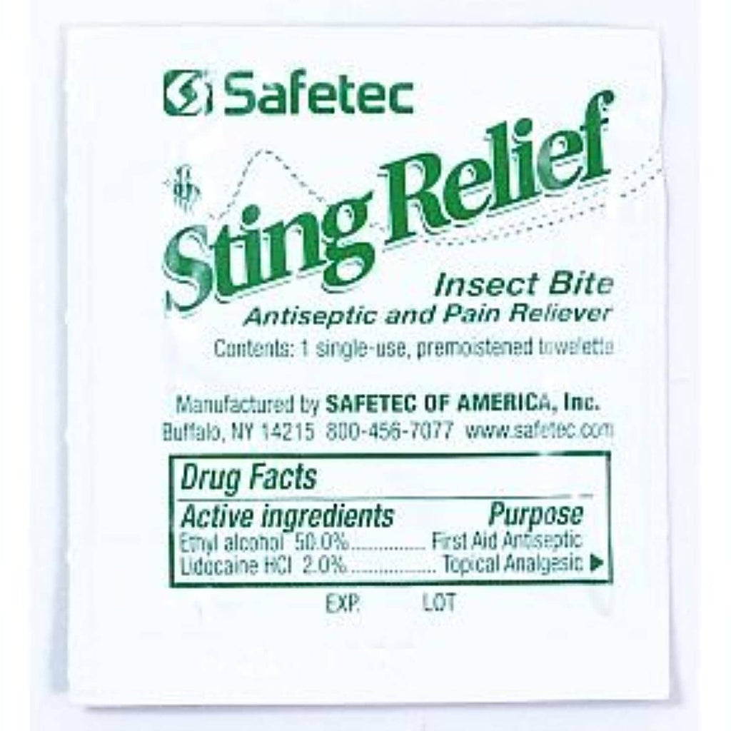 Safetec Sting Relief wipe pouch front label