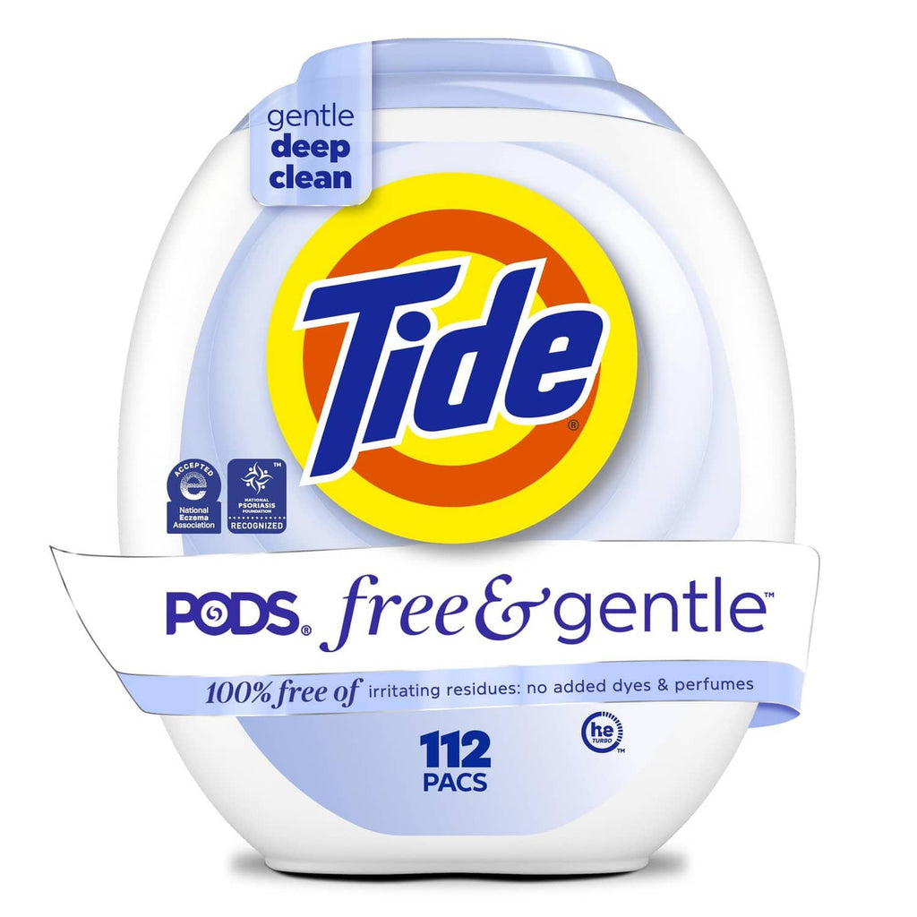 Tide PODS free & gentle laundry detergent container, 112-count, free and gentle label