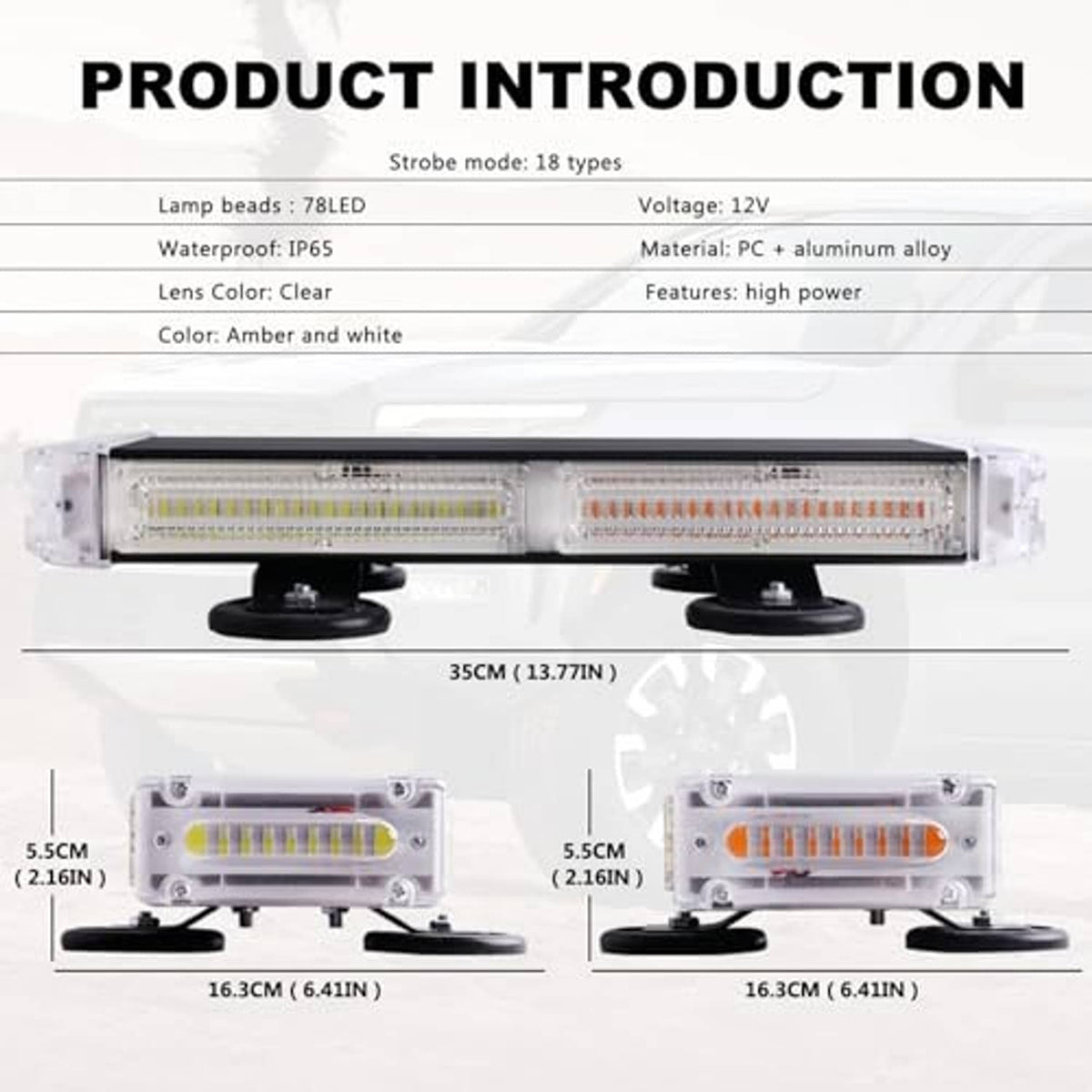 LED strobe light bar with clear housing, amber and white lens sections, four mounting feet