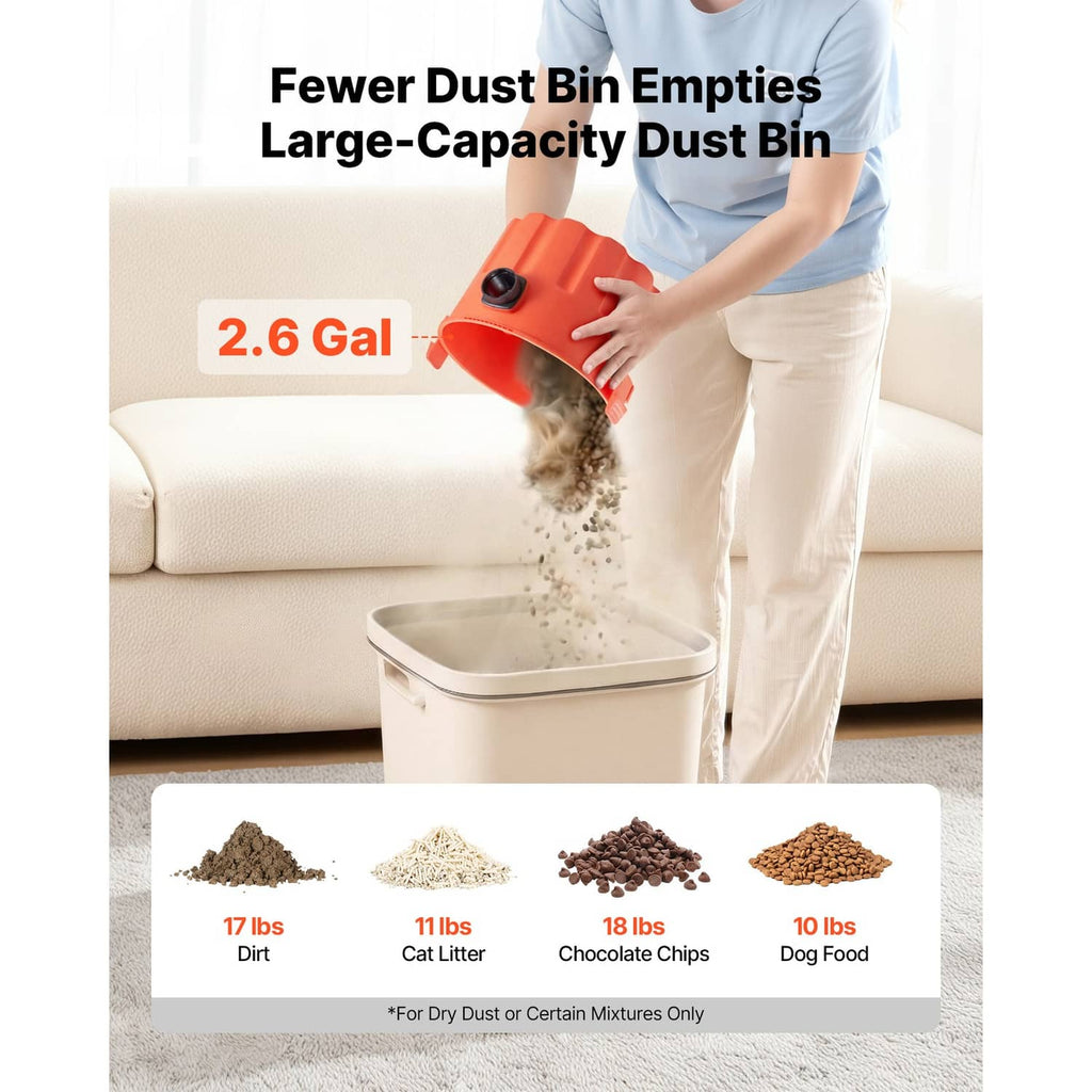 Orange shop vacuum with large dust bin and white filter basket, cleaning upholstery