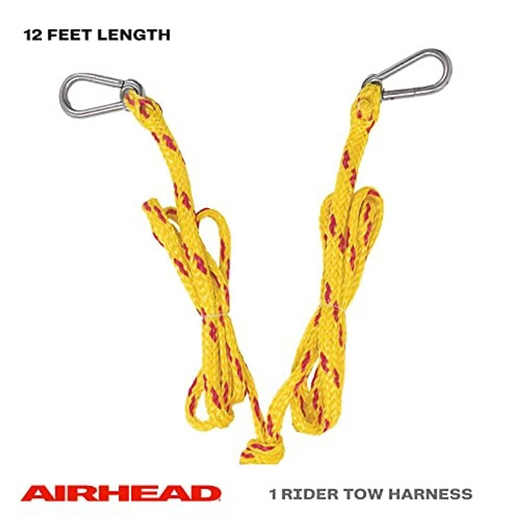 12-foot yellow tow harness rope with two metal snap hooks