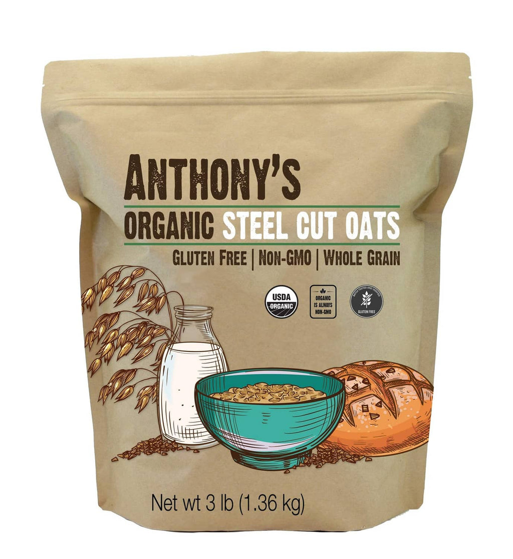 Anthony's organic steel cut oats pouch, front view with gluten-free label and net wt 3 lb.
