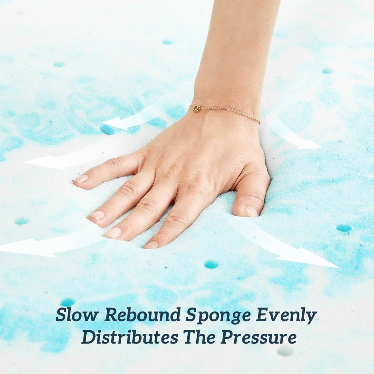 Hand pressing into a blue cooling gel mattress topper surface