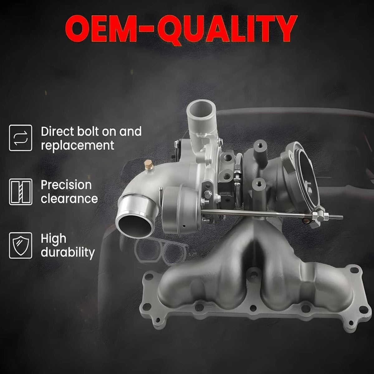 Turbocharger with silver compressor housing and gray manifold, replacement assembly