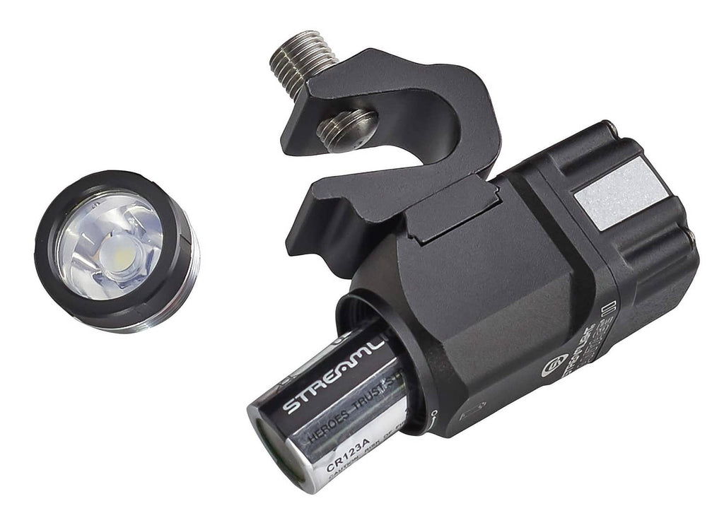 Black hands-free flashlight with front LED lens and clip mounting bracket
