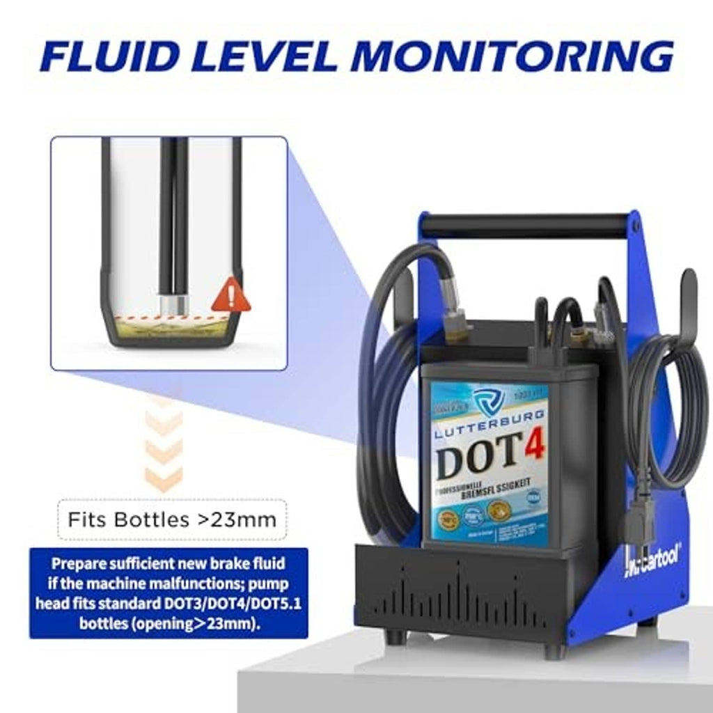 Brake fluid bleeder with fluid container and monitoring area shown behind unit