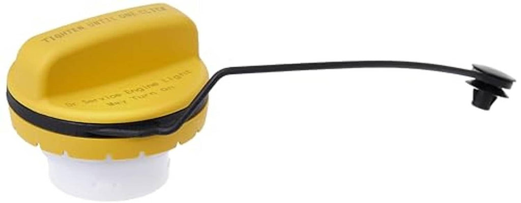 Yellow fuel tank filler cap with black edge seal and vent hose