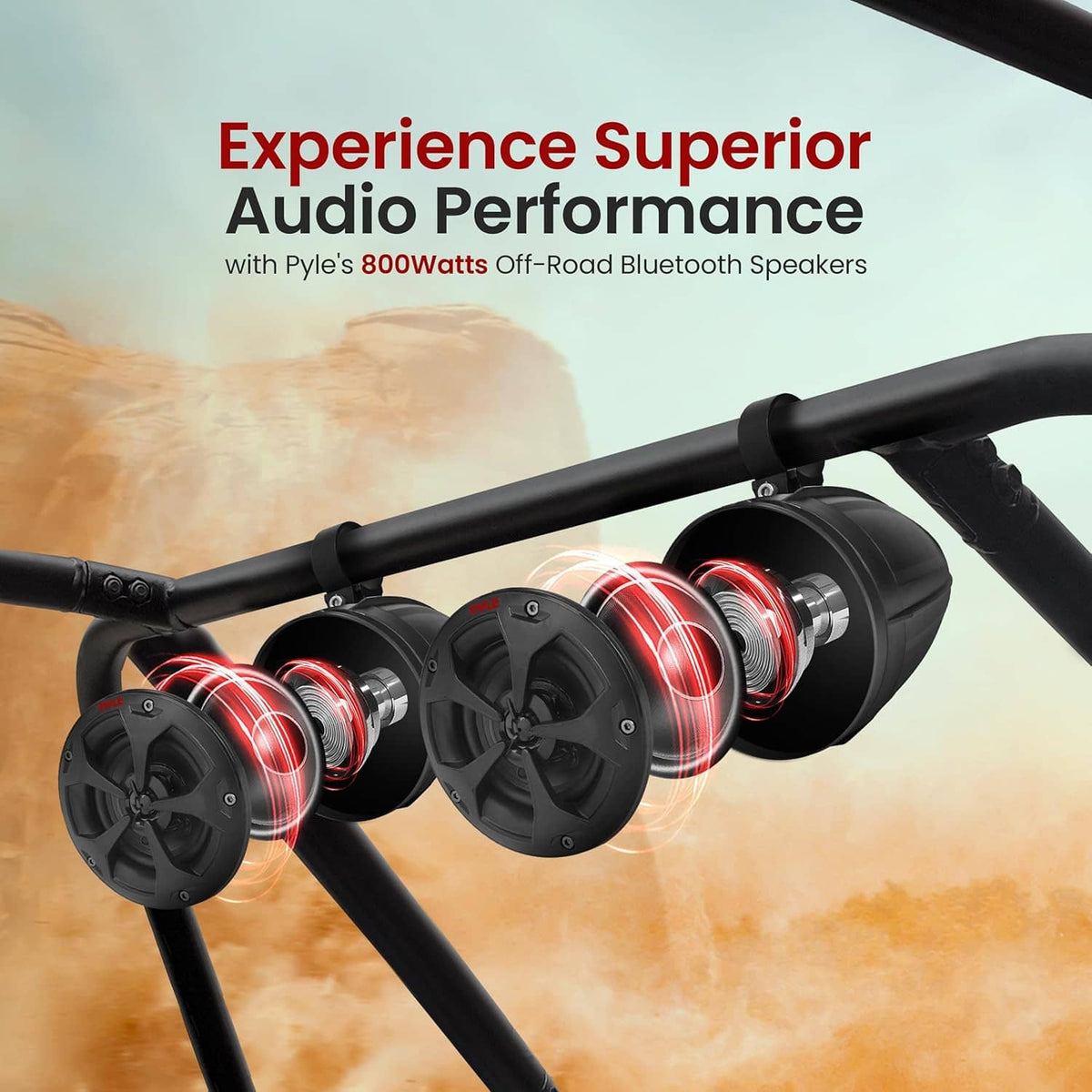 Black off-road speaker bar with two round drivers and red accent rings