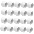 Set of white PVC pipe end caps with open round socket ends, smooth finish