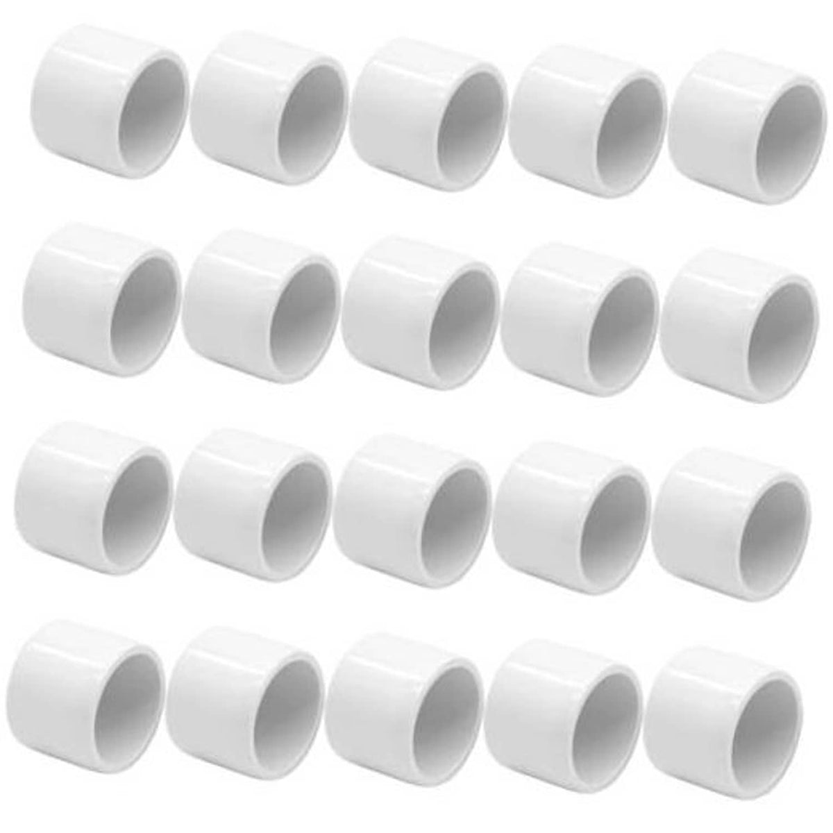 Set of white PVC pipe end caps with open round socket ends, smooth finish