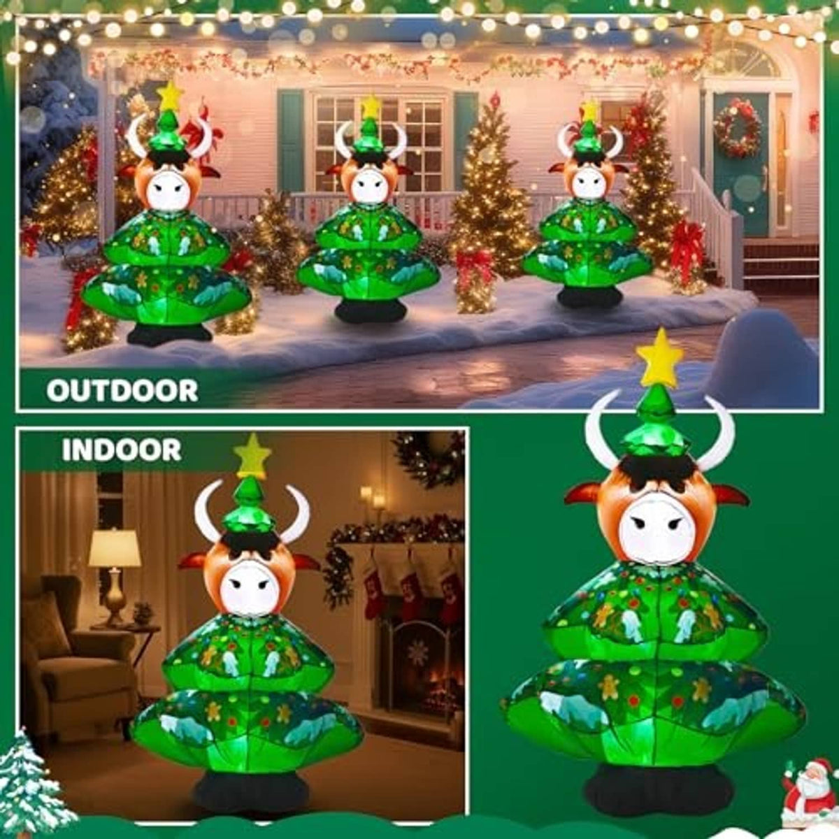 Inflatable highland cow Christmas decor shown for indoor and outdoor use, green tree outfit
