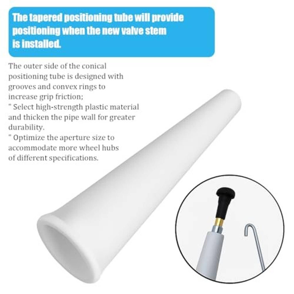 White conical valve guide tube for tire valve stem replacement tool