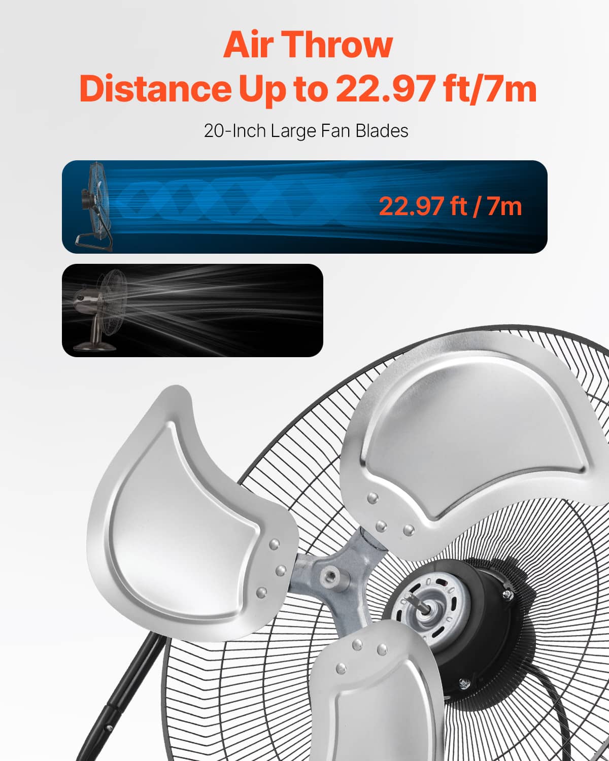 Black floor fan with angled blade area and protective wire grille