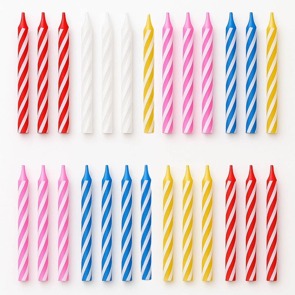 Mixed-color striped birthday candles: pink, blue, red, yellow, and white