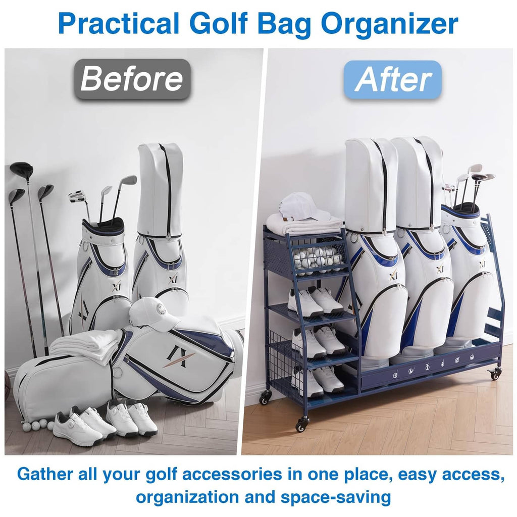Blue wheeled golf bag organizer rack with three white/blue golf bags and side shelves