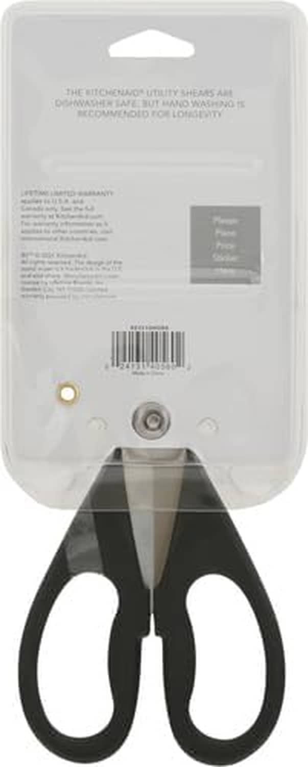 Kitchen shears shown in packaging with stainless blades and black loop handles