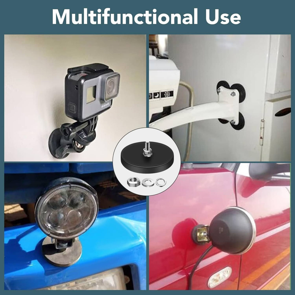 Round black rubber-coated magnet with threaded bolt, washer, and nut