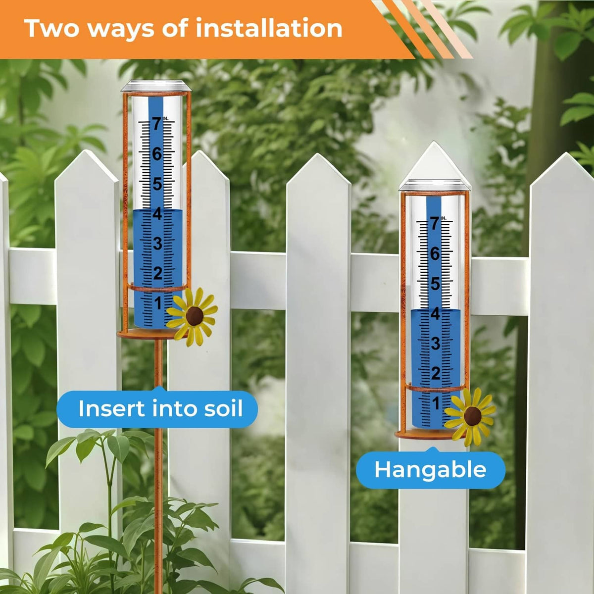 Outdoor rain gauge with blue scale in brown frame, flower accent, and stake or hanger