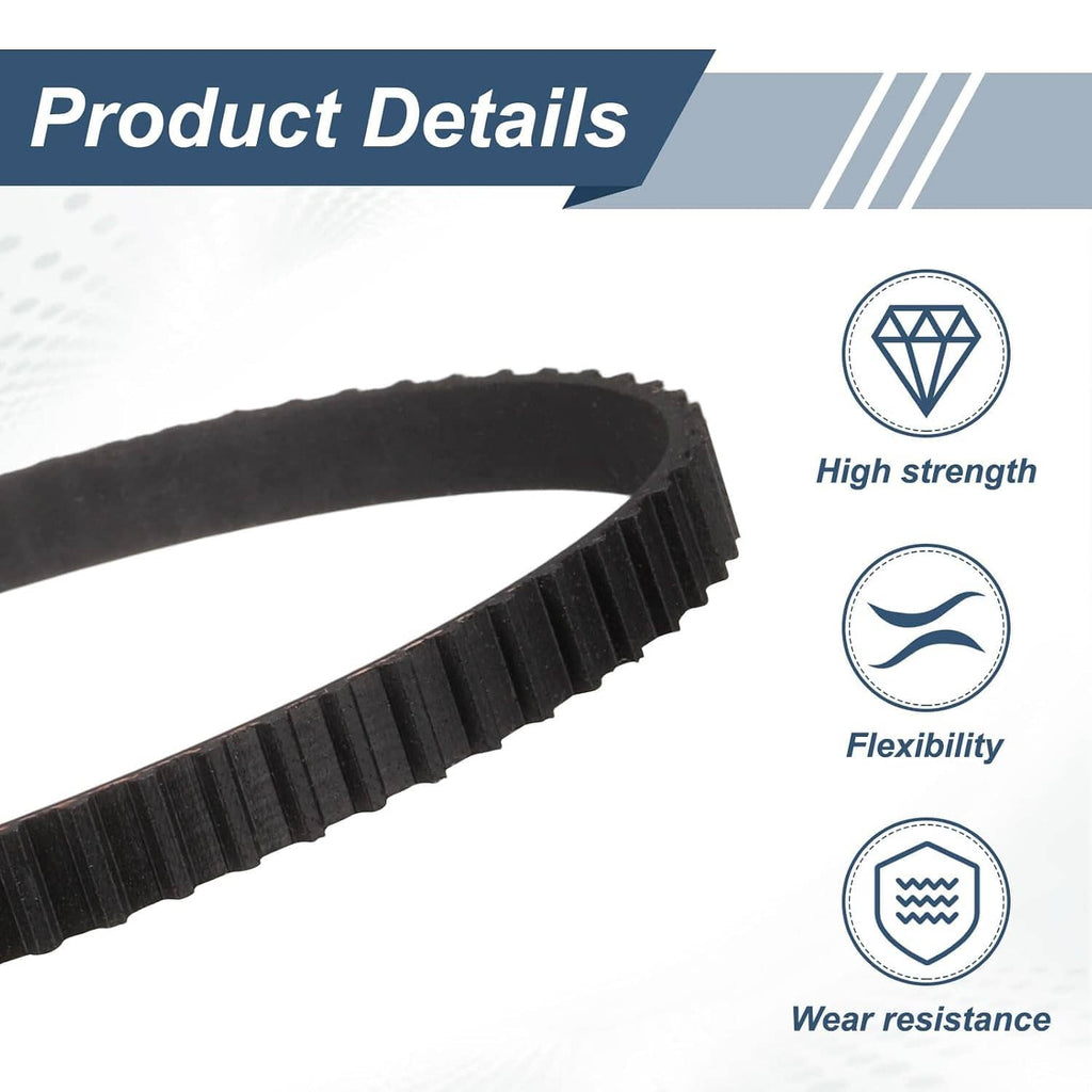 Black rubber timing belt with cogged teeth along the outer edge