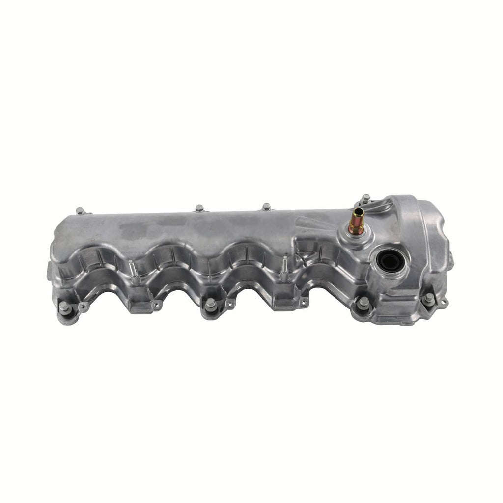 Engine valve cover, metallic gray left side with round oil port opening and bolts