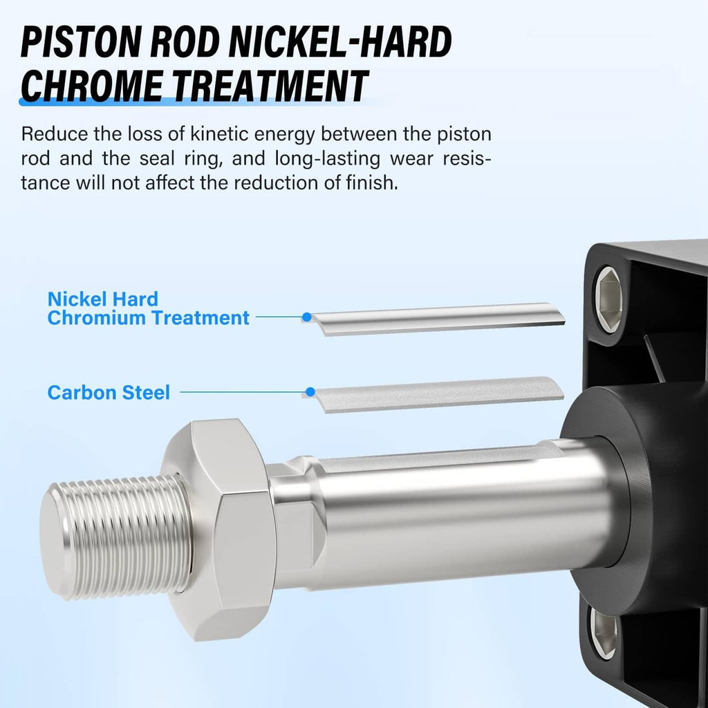 Pneumatic air cylinder with chrome-finished piston rod and black mounting block
