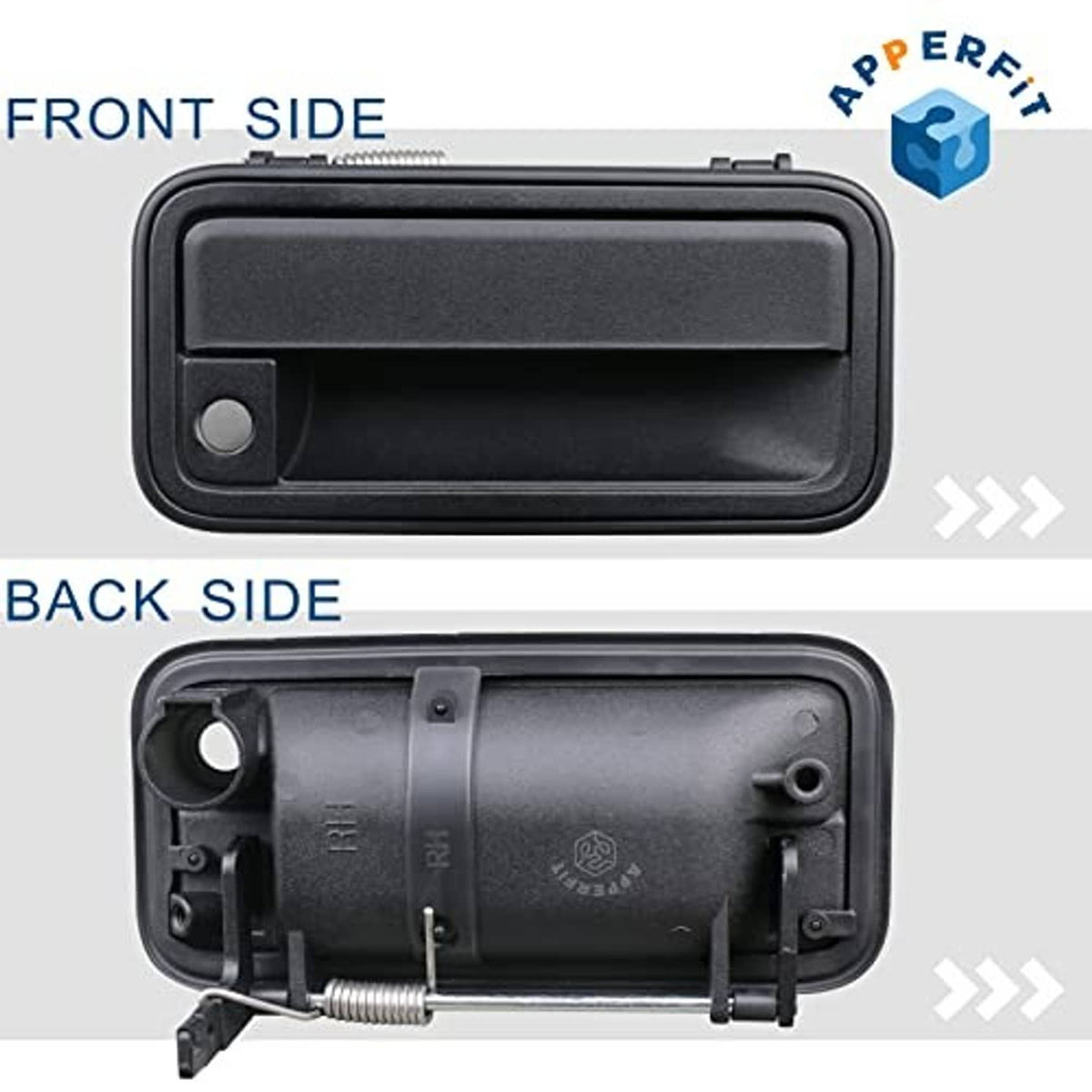 Front and back side views of black exterior door handle with metal spring