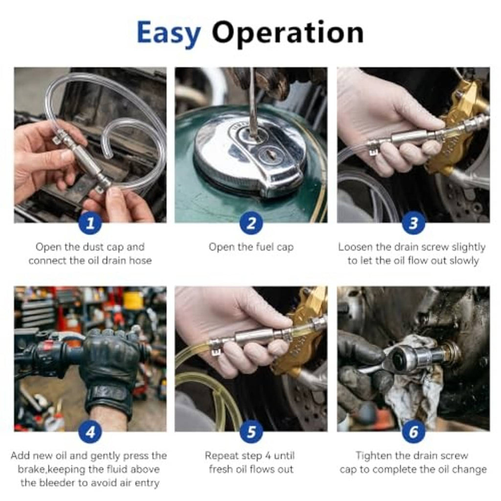 Brake bleeder kit instruction panel with clear hose, one-way check valve, and clamps.