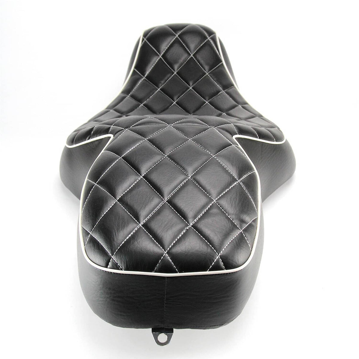 Black passenger seat top with diamond quilt pattern and white piping around edges.