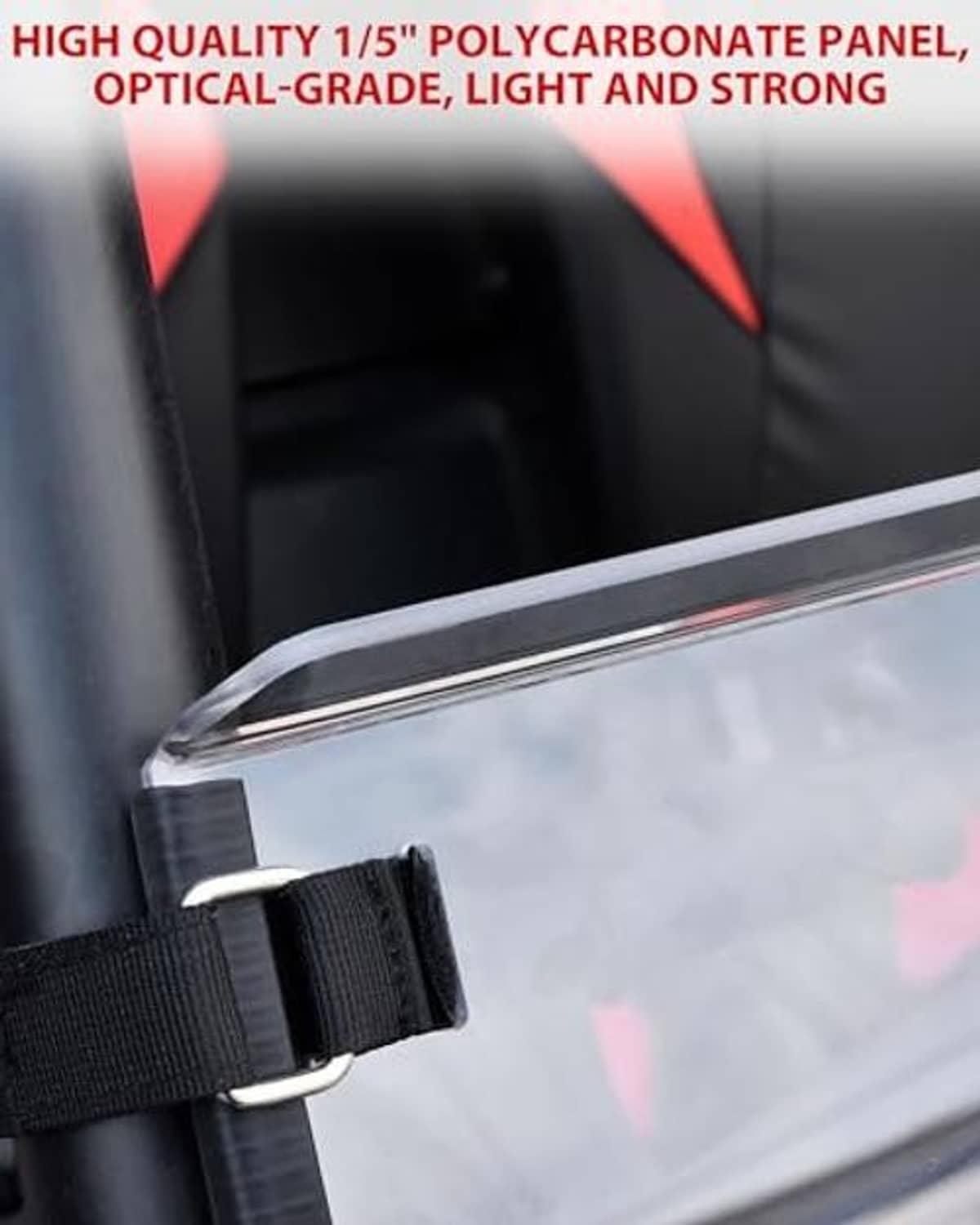 Clear UTV windshield edge with strap and frame mounting hardware