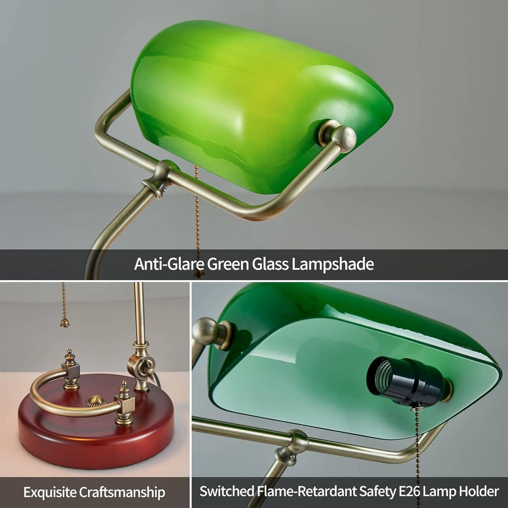Green glass bankers lamp shade with brass frame and round red base, pull-chain