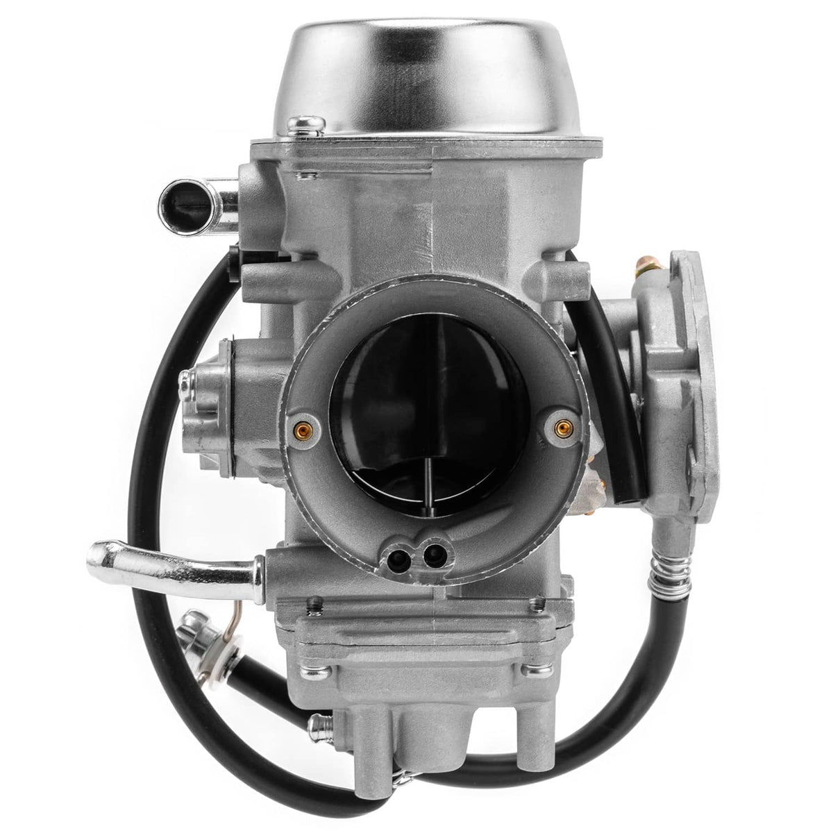 Carburetor assembly rear view with circular intake opening and fuel line fittings