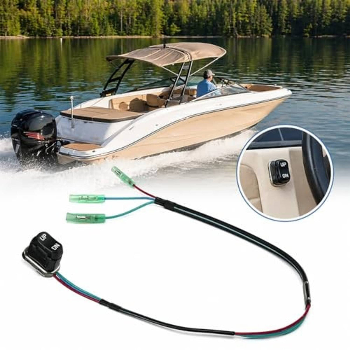 Outboard trim tilt switch with black UP/DN buttons and long wire harness with green leads