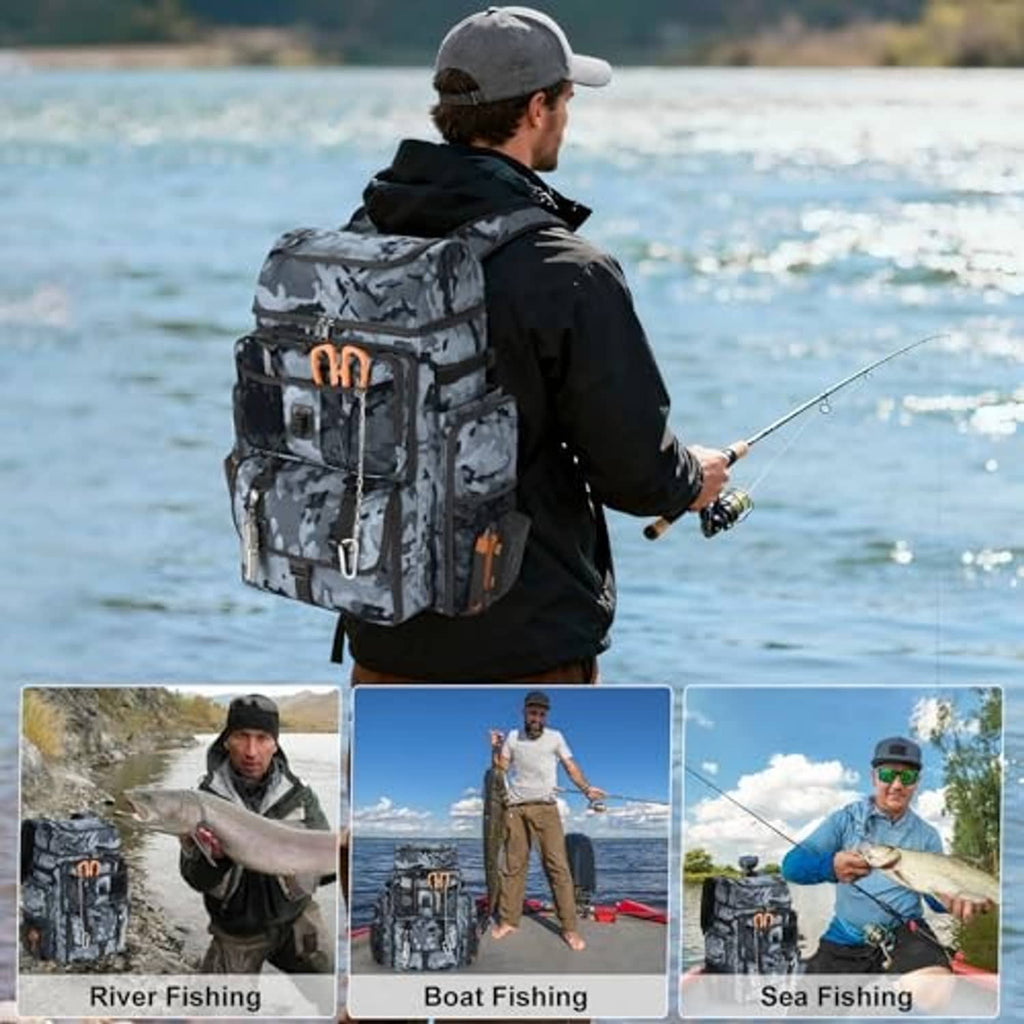 Camouflage fishing tackle backpack with rod holders worn outdoors near the water