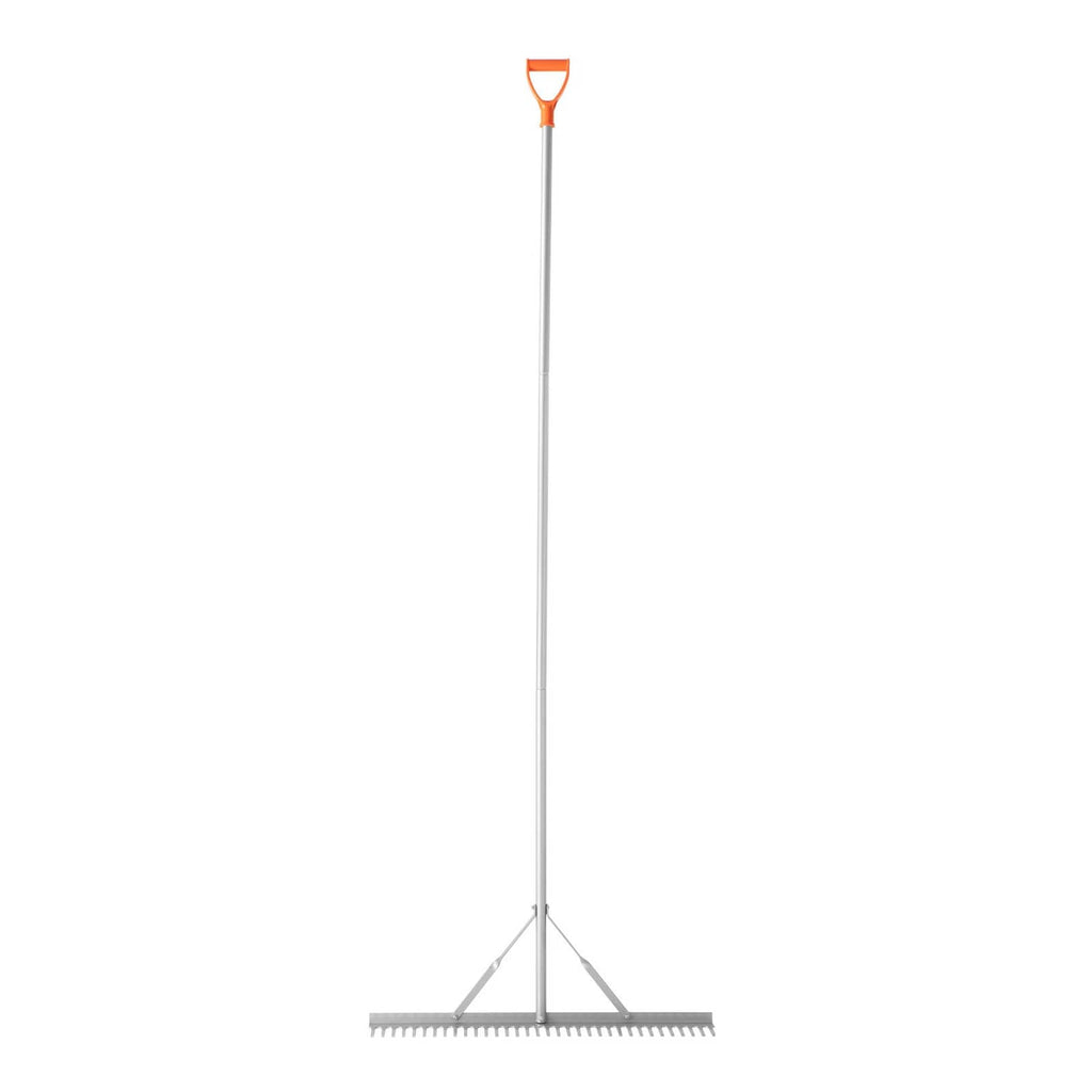 Long-handled aluminum landscape rake with wide steel tooth head and orange grip