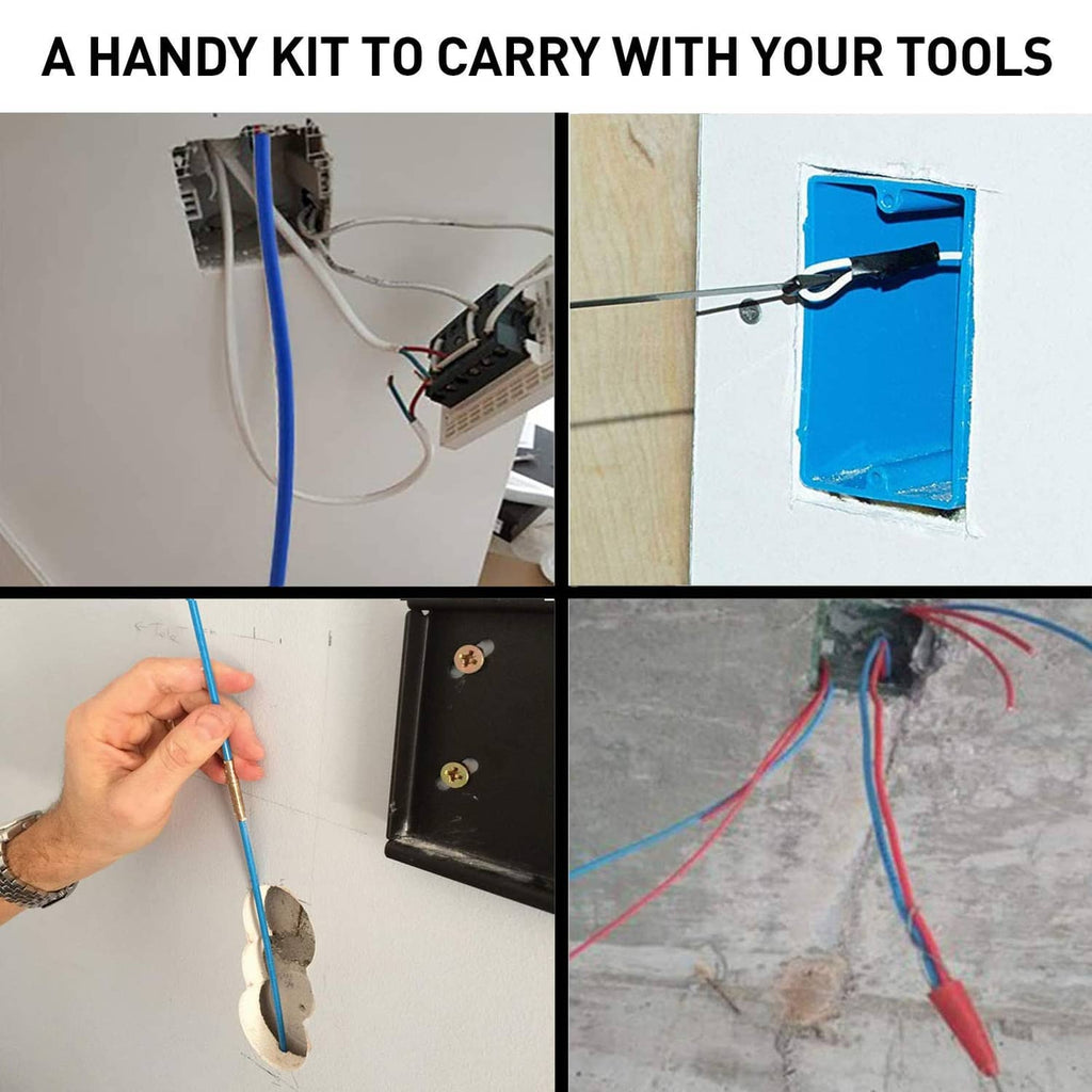 Fiberglass cable puller rod in toolkit carry case with mounted wall outlet use