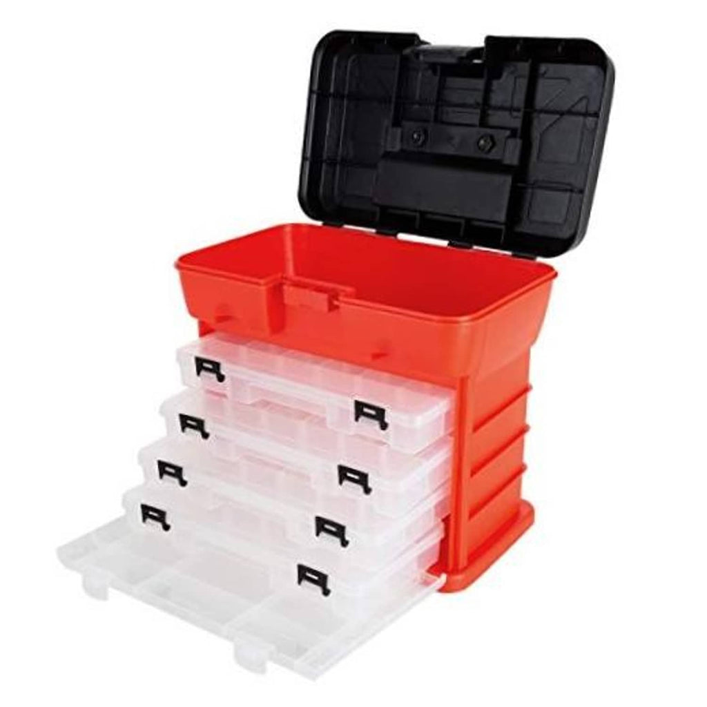 Red tool storage box with clear multi-compartment drawers and black hinged lid open