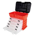 Red tool storage box with clear multi-compartment drawers and black hinged lid open