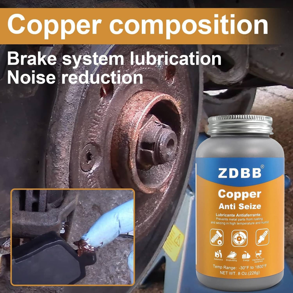 ZDBB copper anti-seize bottle next to brake caliper component with copper residue