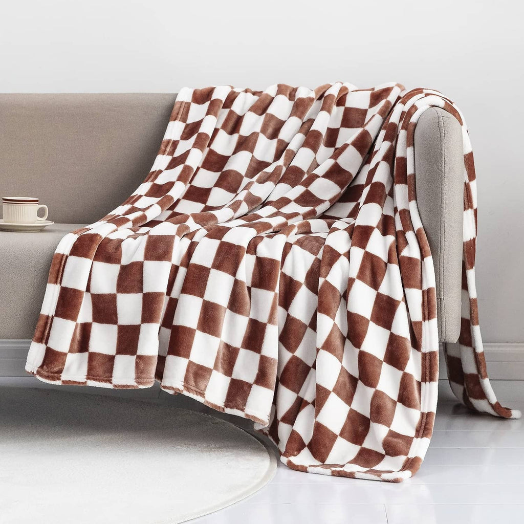 Coffee-brown and white checkerboard flannel throw blanket with fringed edges