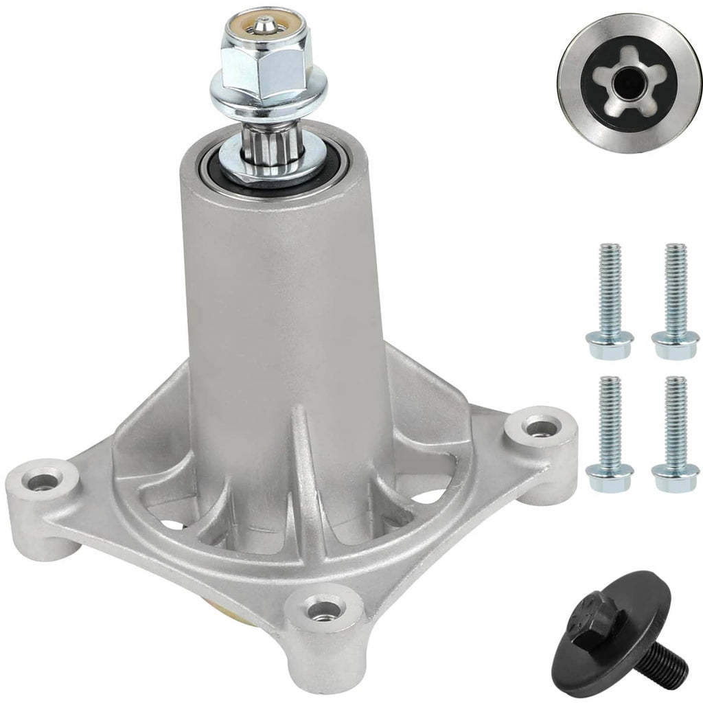 Silver mower spindle assembly with mounting base, top cap, and included hardware bolts