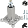 Silver mower spindle assembly with mounting base, top cap, and included hardware bolts